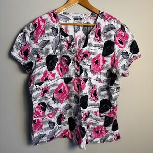 HEALTH PRO Women's Floral Print V-Neck Scrub‎ Top Size 2XL Pockets Lightweight